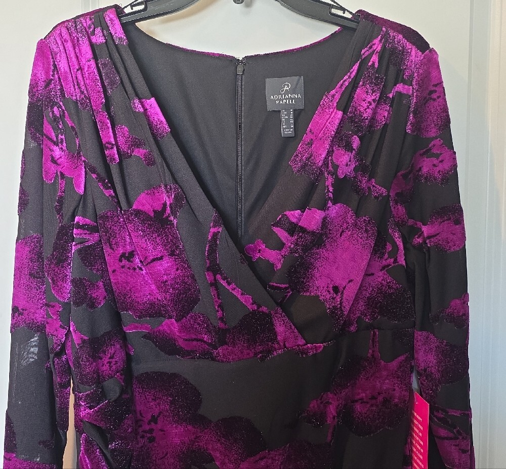 Adrianna Papell Black and Purple Floral Wrap-Style Long Sleeve Dress - Picture 7 of 13